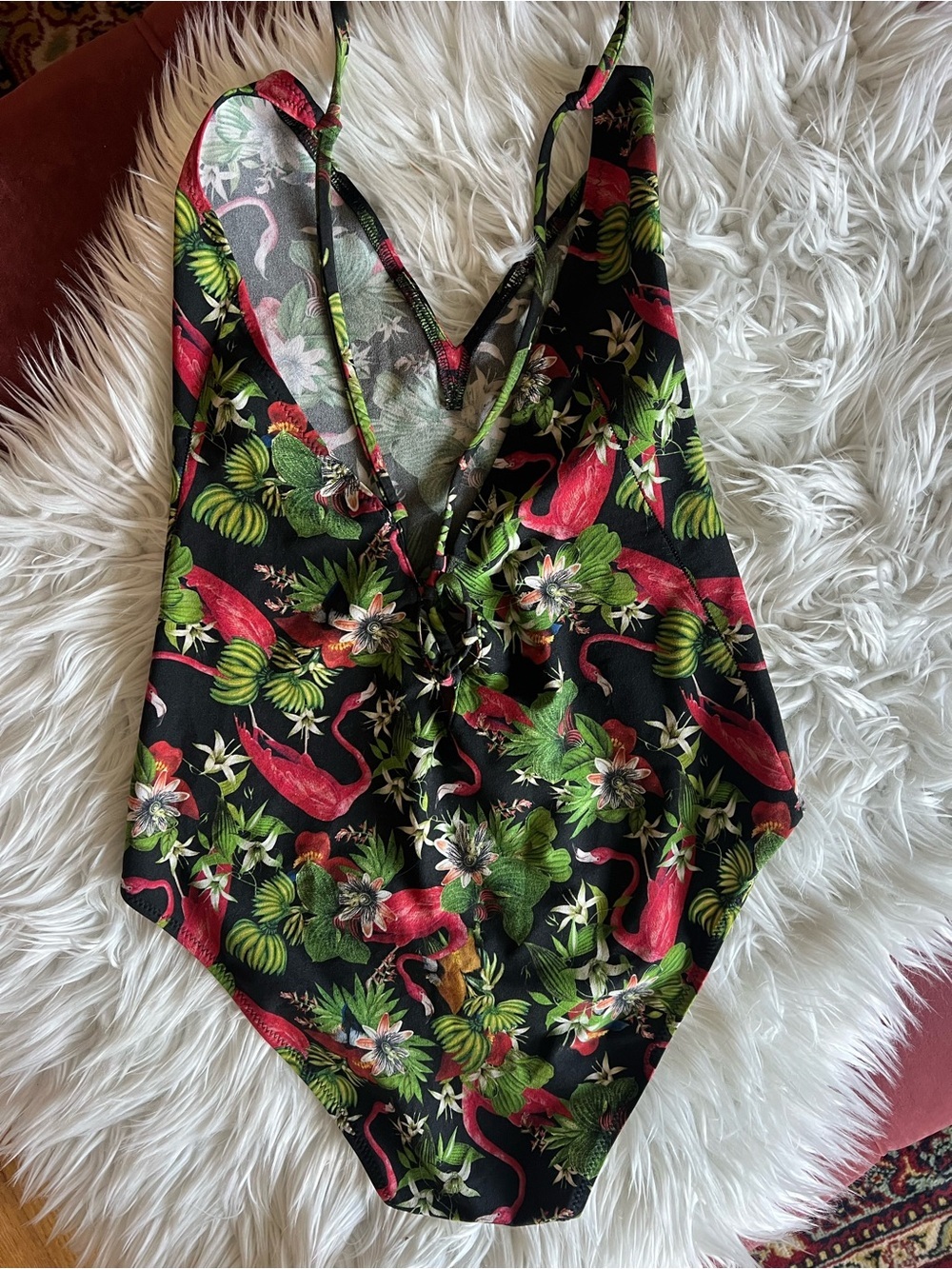 Tropical Flamingo One Piece Swimsuit Black Floral Jungle Print Tie Back M - Picture 5 of 7